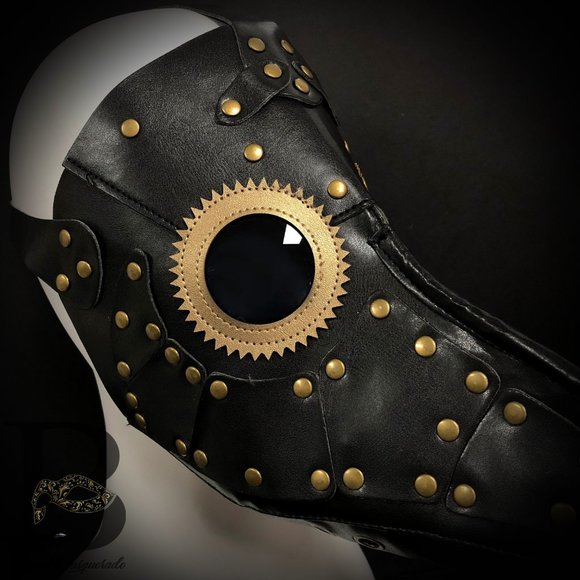 Black Plague Doctor Mask with Gold Gears - Picture 2 of 3
